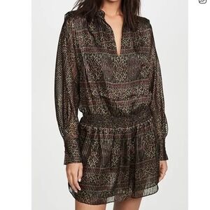 FRAME Deep Moss Multi Silk Metallic Long Sleeve Smocked Waist‎ Mini Dress - S/P